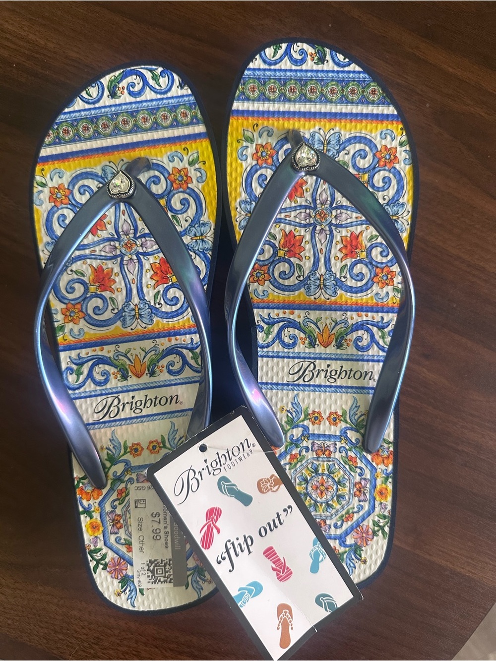 Muse Blue Iridescent-Strap Floral Tile-Print Sandals